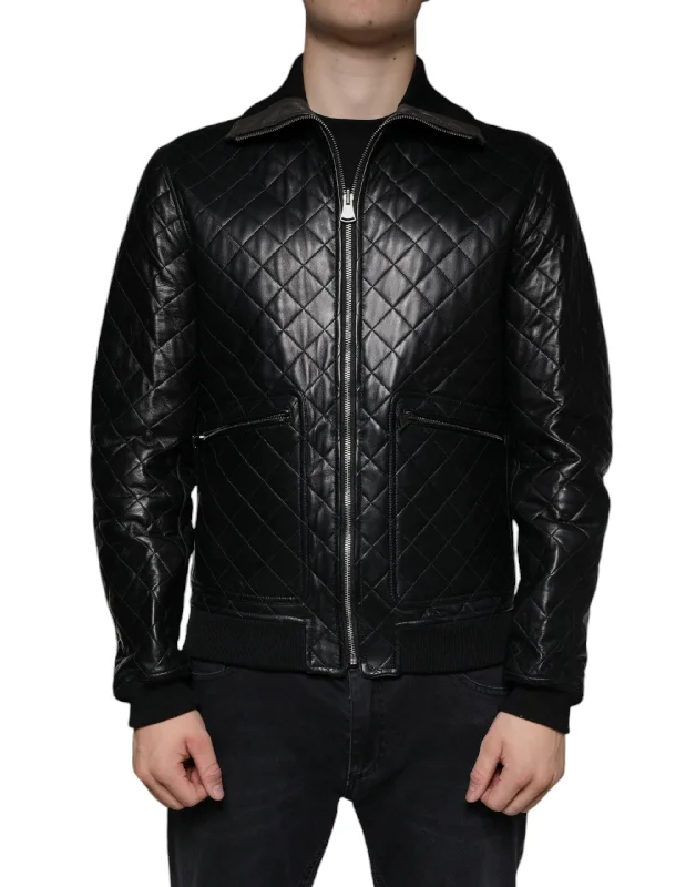 Men's foldable rain jackets-Dolce & Gabbana  Calf Leather Quilted Full Zip Men's Jacket (Pre-Owned)