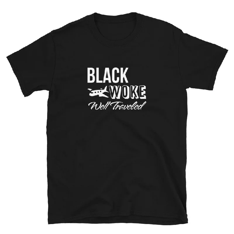 men’s printed short sleeve t-shirts for casual events -Black, Woke, Well Traveled T-Shirt