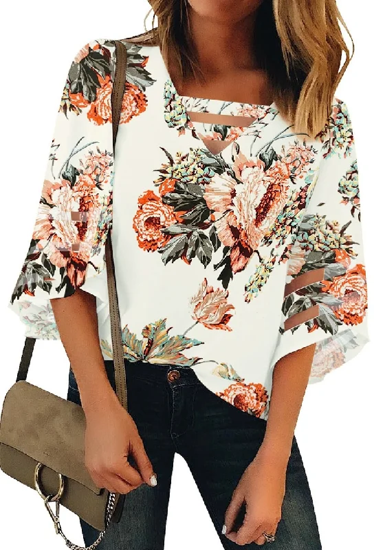 men’s short sleeve button-up shirts for casual wear -White Floral Women's Casual V Neck Mesh Panel Blouse Tops 3/4 Bell Sleeve Shirt