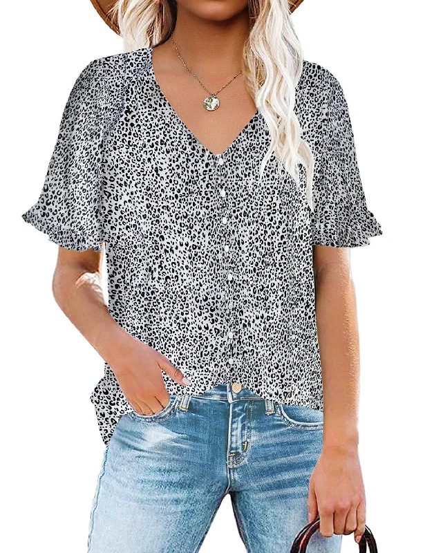 modern short sleeve shirts for everyday wear -White Ruffle Trim Short Sleeves Printed V-Neck Button-Down Top