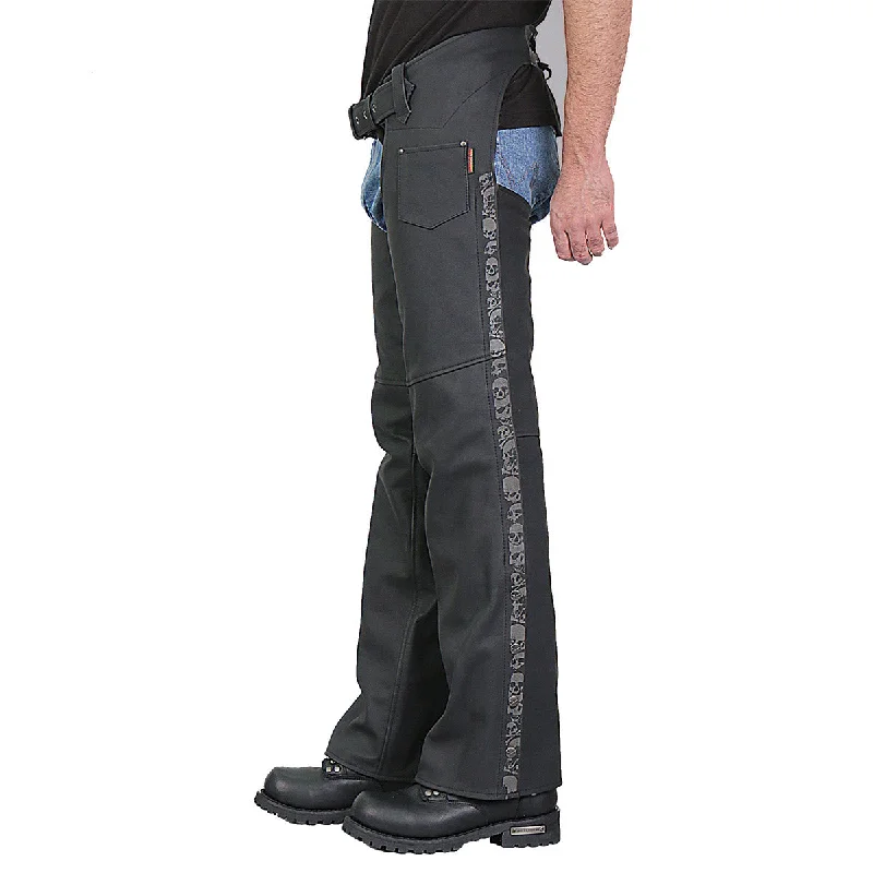 Men's pants low cost-Hot Leathers CHM2001 Men's Matte Black Leather Chaps with Ancient Skull Artwork