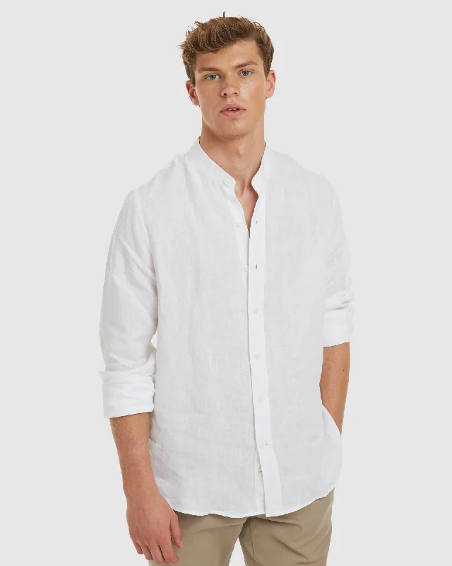 casual short sleeve shirts with modern designs -Palma-Slim White Mandarin Collar Linen Shirt