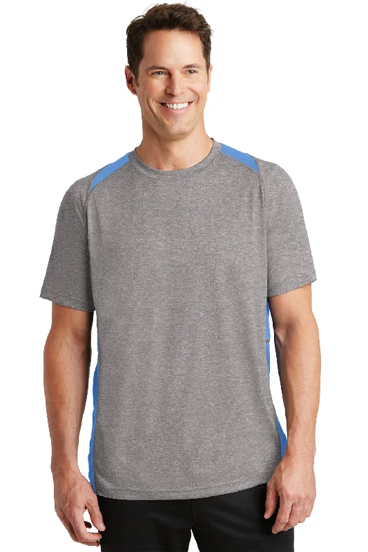 men’s soft cotton short sleeve shirts -Sport-Tek Mens Contender Heather Moisture Wicking Short Sleeve Crewneck T-Shirt - Heather Vintage Grey/Carolina Blue - Closeout