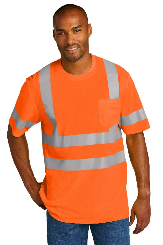 men’s classic short sleeve shirts with patterns -CornerStone Mens ANSI 107 Class 3 Moisture Wicking Short Sleeve Crewneck T-Shirt w/ Pocket - Safety Orange