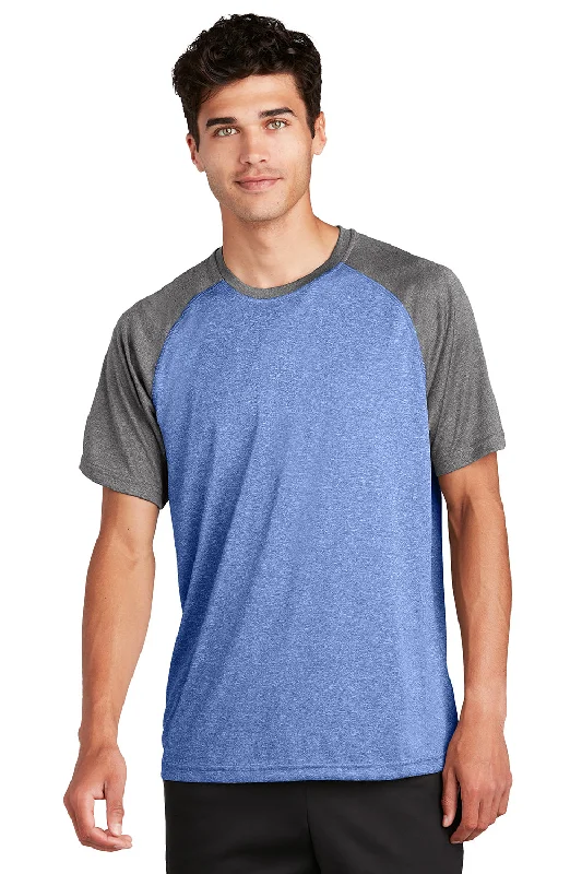 men’s stylish short sleeve shirts for office wear -Sport-Tek Mens Contender Heather Moisture Wicking Short Sleeve Crewneck T-Shirt - Heather True Royal Blue/Heather Graphite Grey - Closeout