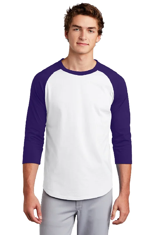 men’s slim-fit short sleeve t-shirts for warm weather -Sport-Tek Mens 3/4 Sleeve Crewneck T-Shirt - White/Purple