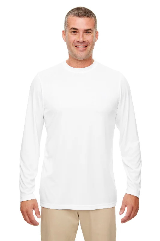 cool and casual short sleeve shirts for men -UltraClub Mens Cool & Dry Performance Moisture Wicking Long Sleeve Crewneck T-Shirt - White