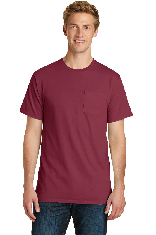 men’s versatile short sleeve shirts for office wear -Port & Company Mens Beach Wash Short Sleeve Crewneck T-Shirt w/ Pocket - Merlot Red - Closeout