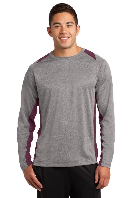 men’s printed short sleeve t-shirts with designs -Sport-Tek Mens Contender Heather Moisture Wicking Long Sleeve Crewneck T-Shirt - Heather Vintage Grey/Maroon - Closeout