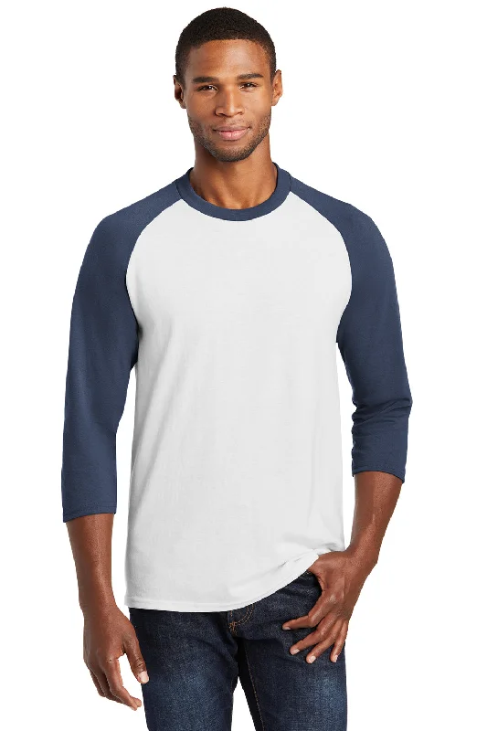 men’s classic short sleeve shirts for hot summer days -Port & Company Mens Core Moisture Wicking 3/4 Sleeve Crewneck T-Shirt - White/Navy Blue