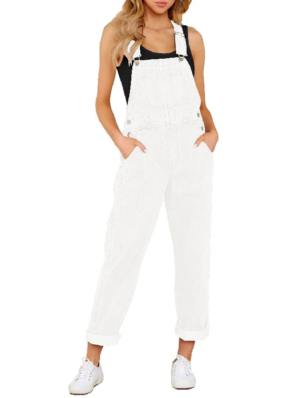 short sleeve shirts for warm weather -Brilliant White Women's Casual Stretch Denim Bib Overalls Pants Pocketed Jeans Jumpsuits