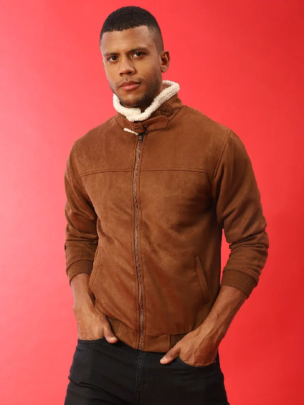 Men's belted trench jackets-Campus Sutra Men Brown Suede Windcheater Outdoor Bomber Jacket