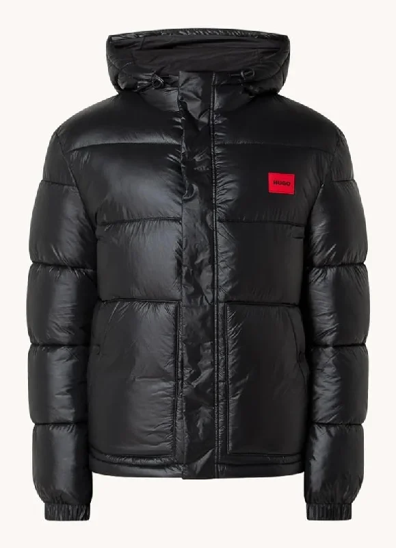 Men's logo bomber jackets-Hugo Men's Baro 2441 Quilted Hooded Puffer Coat, Black