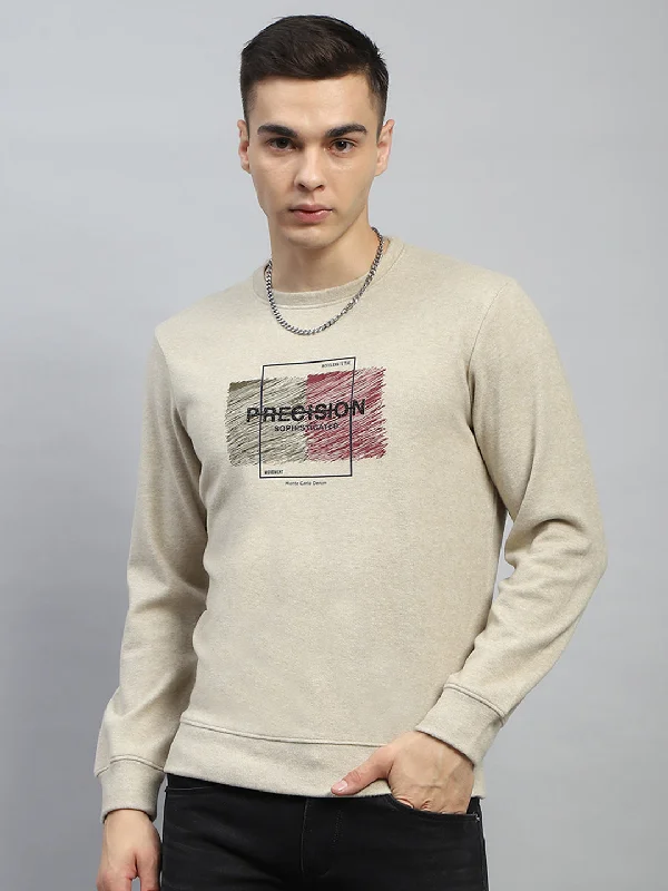 Hoodie with graphic print men-Men Beige Printed Round Neck Full Sleeve Sweatshirt