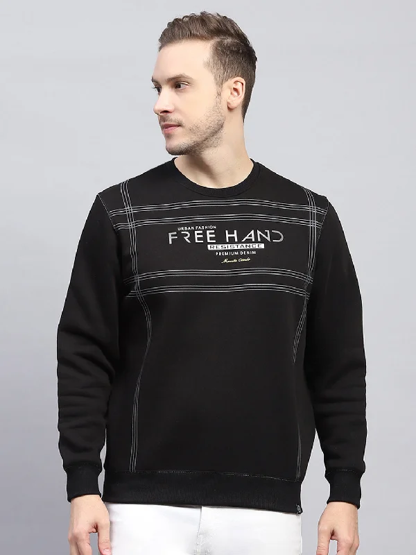 Hoodie with retro texture men-Men Black Printed Round Neck Full Sleeve Sweatshirt