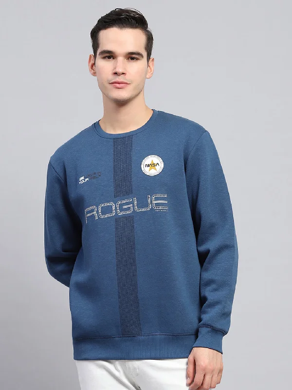 Hoodie for outdoor nights men-Men Blue Printed Round Neck Full Sleeve Sweatshirt