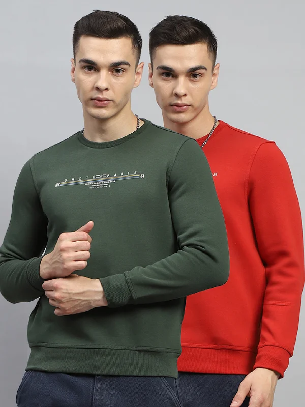 Hoodie with contrast pockets men-Men Green & Maroon Printed Round Neck Full Sleeve Sweatshirt