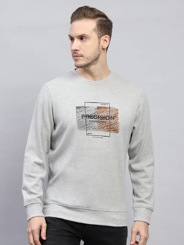 Hoodie with vintage logo men-Men Grey Printed Round Neck Full Sleeve Sweatshirt