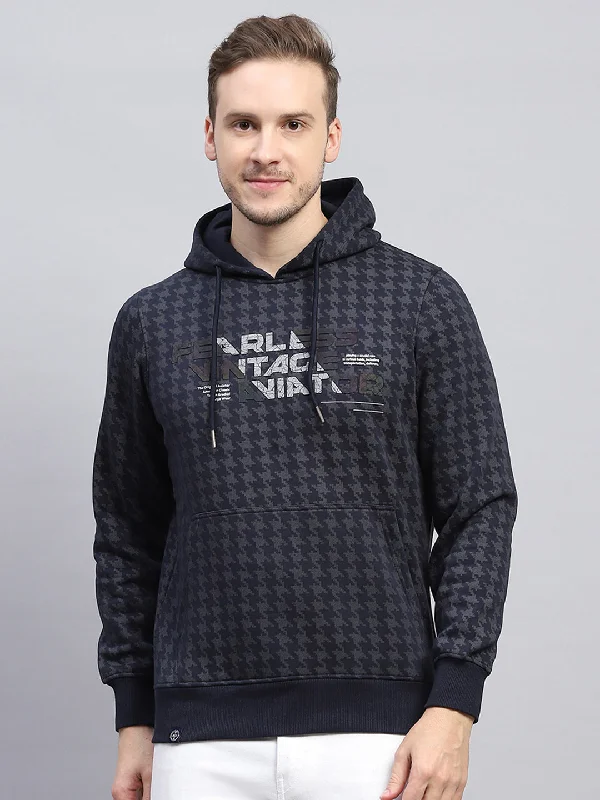 Men’s durable sport pullover-Men Navy Blue Printed Hooded Full Sleeve Sweatshirt