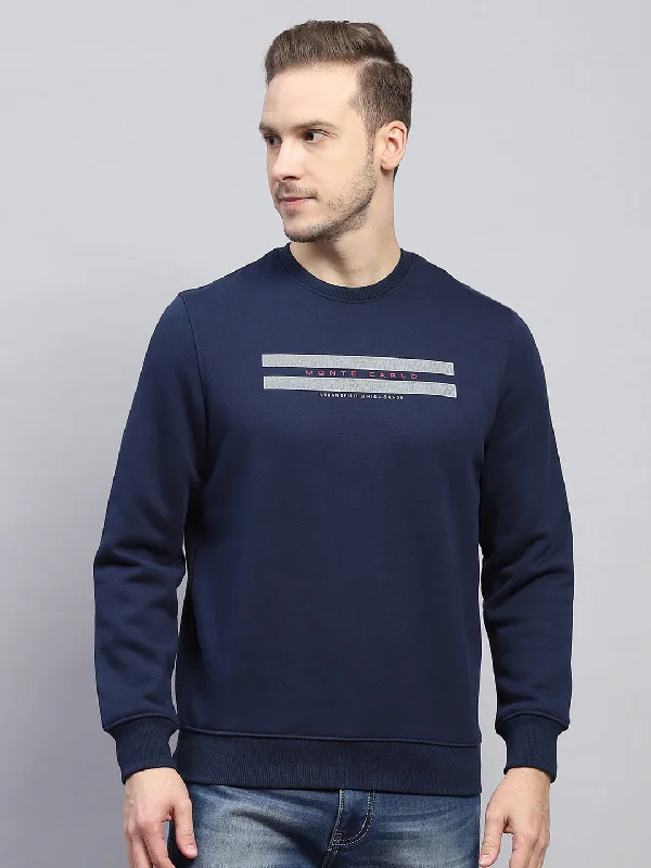 Hoodie for morning adventures men-Men Navy Blue Printed Round Neck Full Sleeve Sweatshirt