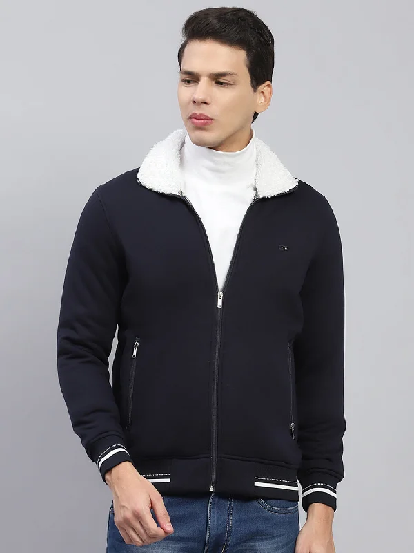 Hoodie with bold texture men-Men Navy Blue Solid Collar Full Sleeve Sweatshirt