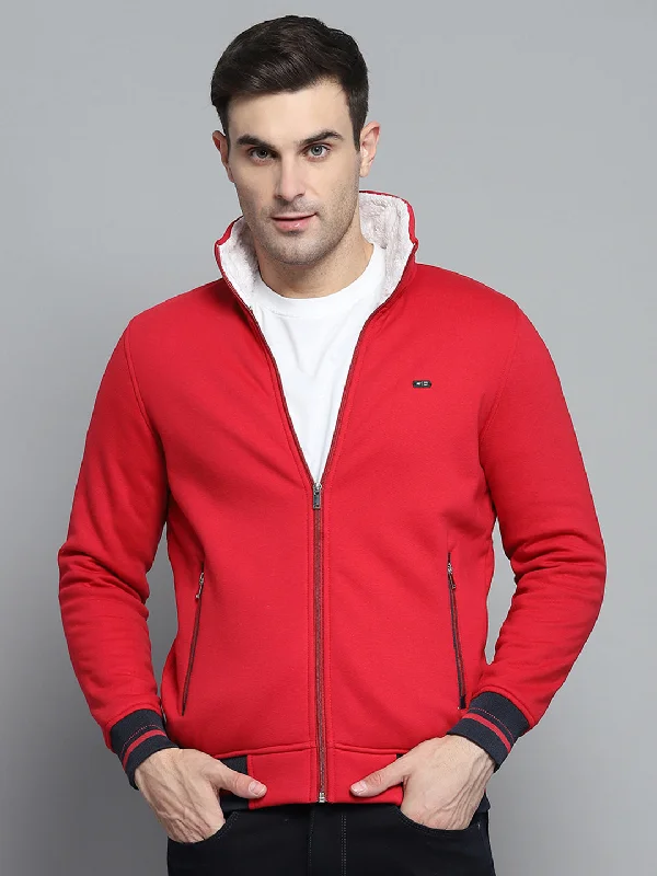 Hoodie with urban stitching men-Men Red Solid Collar Full Sleeve Sweatshirt