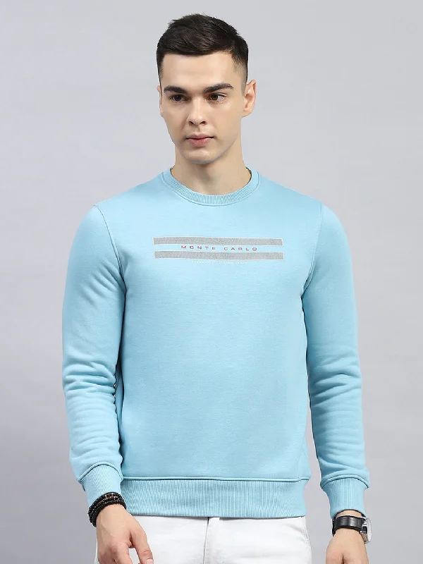 Men’s premium sport hoodie-Men Sky Blue Printed Round Neck Full Sleeve Sweatshirt