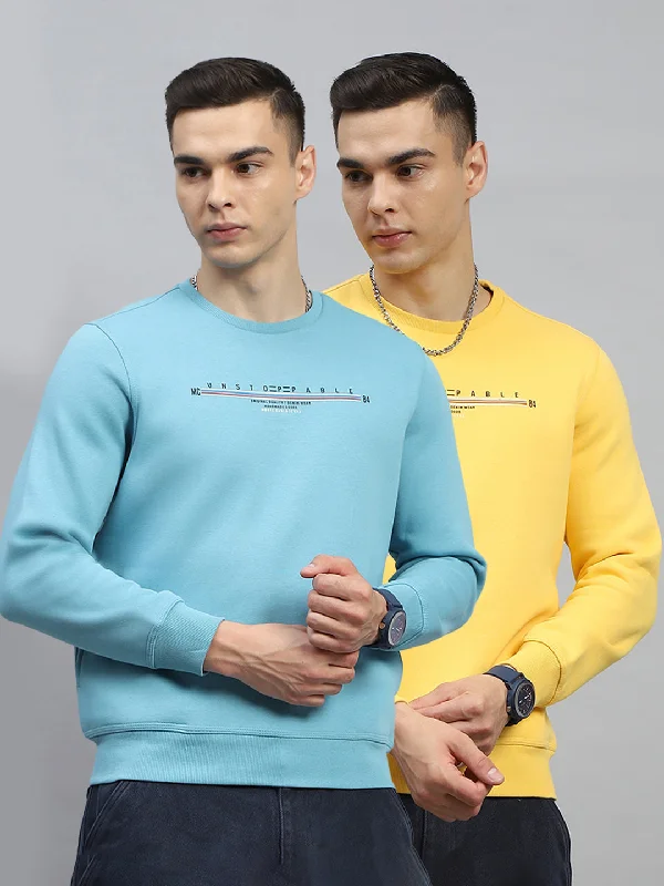 Men’s trendy white hoodie-Men Turquoise Blue & Yellow Printed Round Neck Full Sleeve Sweatshirt