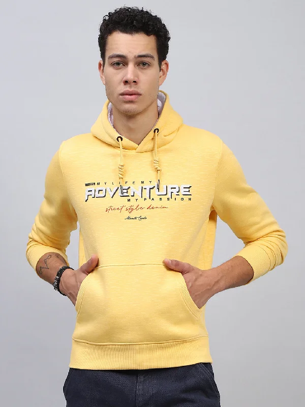 Men’s soft travel hoodie-Men Yellow Printed Hooded Full Sleeve Sweatshirt