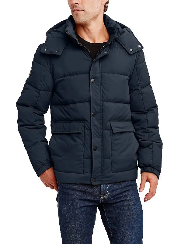 Men's striped bomber jackets-Men'S Halifax Water And Wind Resistant Hooded Puffer Jacket in Navy Blue