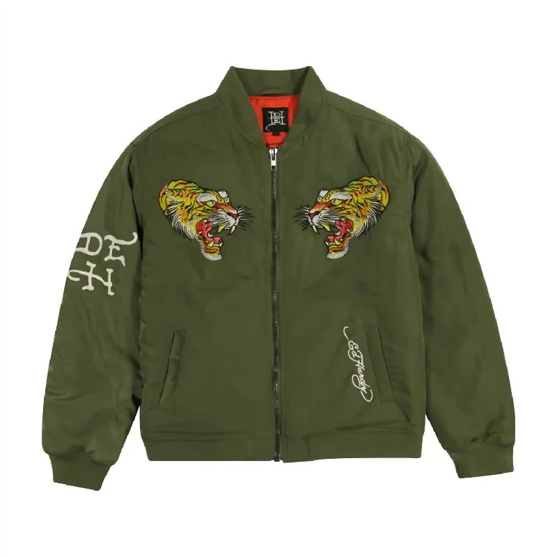 Men's patched denim jackets-Men's Nyc Skull Bomber Jacket In Olive