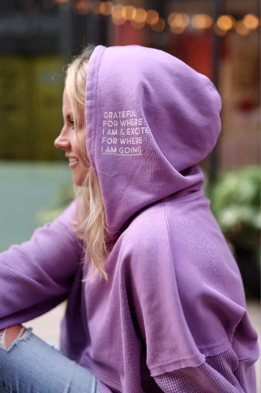 Men’s lightweight grey hoodie-Grateful For Where I Am (Orchid) - Hidden Message Oversized Waffle Hoodie