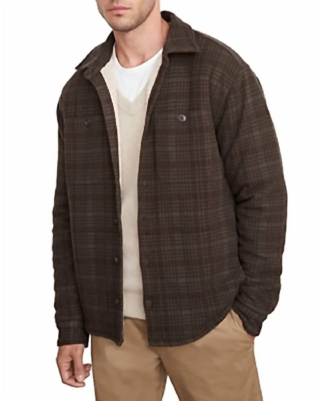 Men's checkered bomber jackets-Plaid Sherpa Shirt Jacket In Frog/wet Cedar