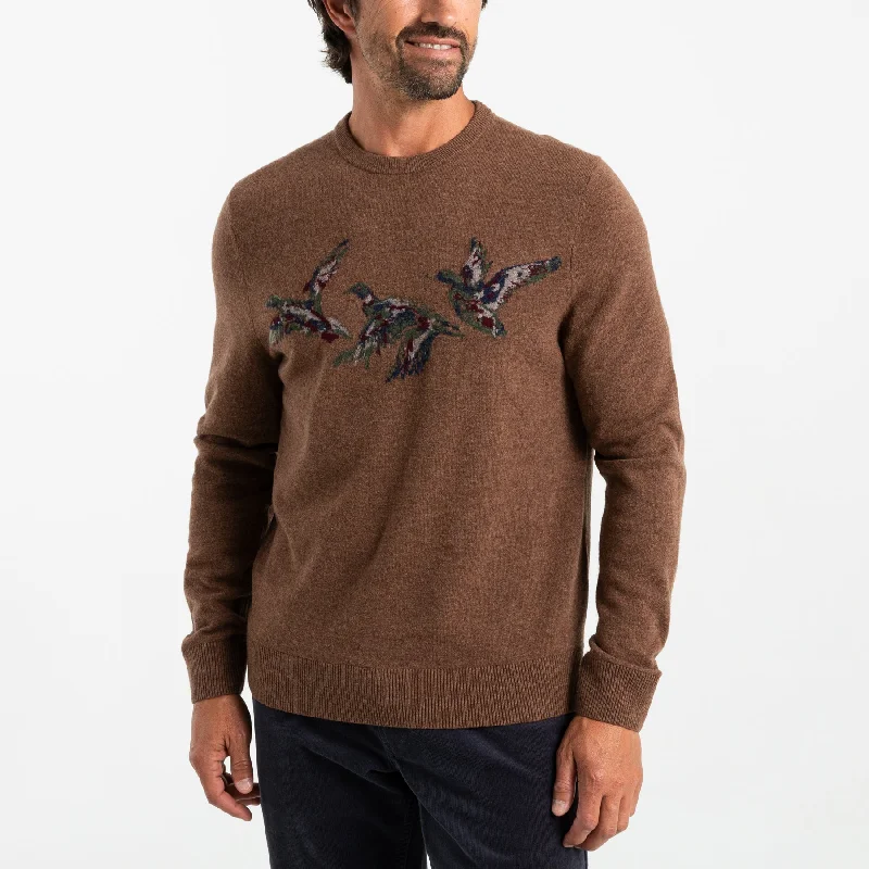 Flying Mallard Intarsia Merino Crewneck Sweater- Cider Brown Heather