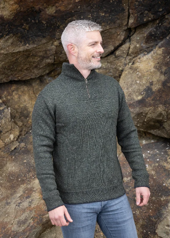 Mens Knitted Half Zip Pullover | Green Marl