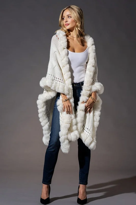 Vegan Fur Trimmed Cable Knit Woven Ruana Sweater