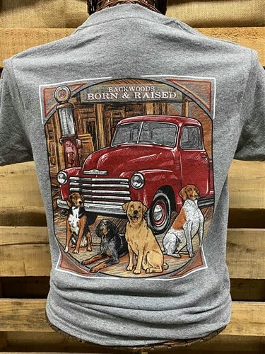 affordable short sleeve shirts for summer travel -Backwoods Born & Raised Country Truck Lab Dogs Unisex Bright T Shirt