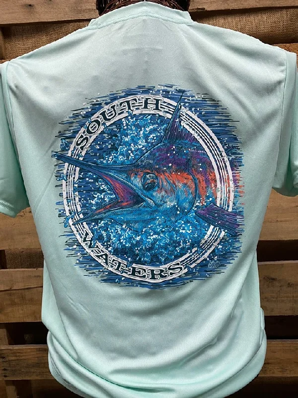 best short sleeve shirts for men’s wardrobe -Backwoods South Waters Fishing Marlin A-4 Cooling Pastel Mint Bright Unisex T Shirt