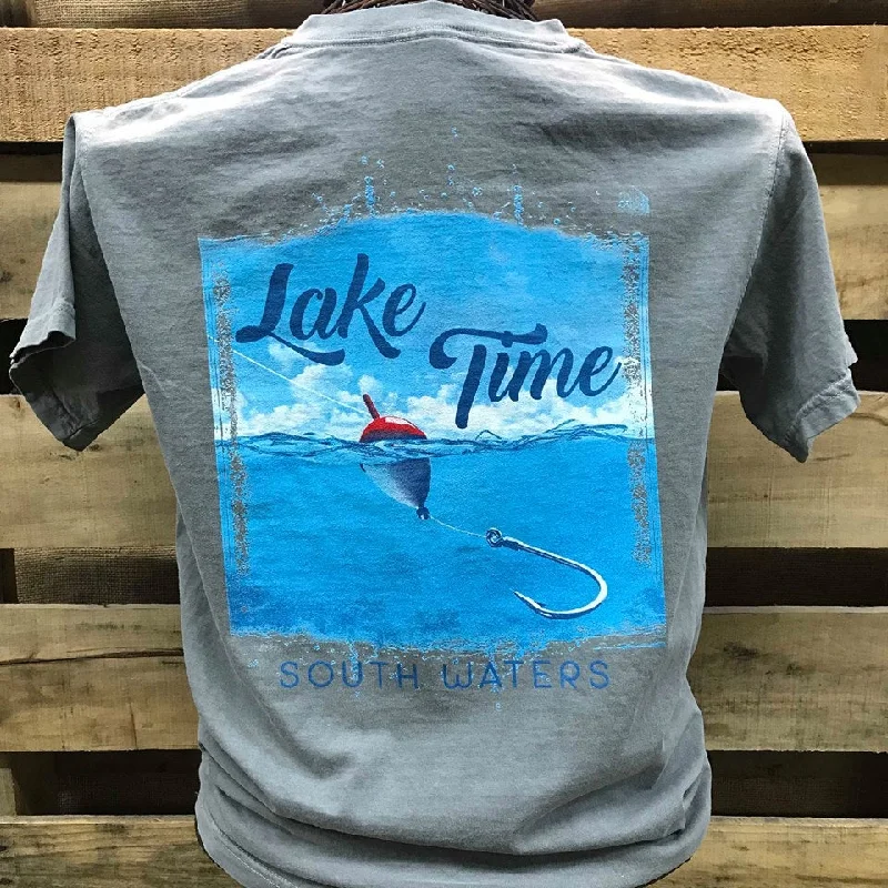 modern slim fit short sleeve shirts for men -Backwoods South Waters Lake Time Fishing Bright Comfort Colors Unisex T Shirt