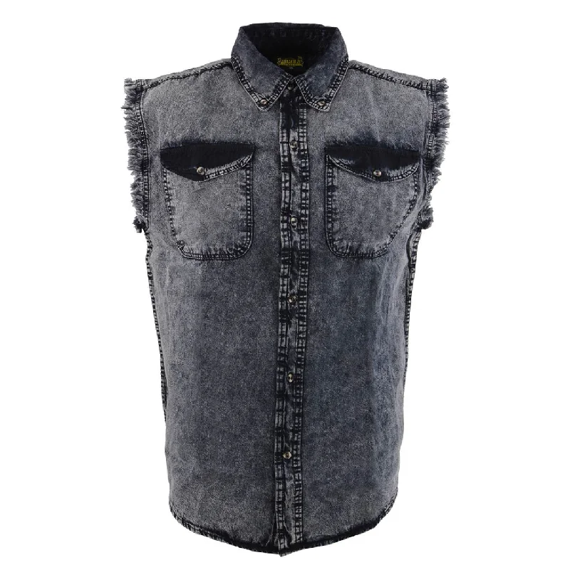 Men's popcorn-stitch shirts-Milwaukee Leather MDM11678 Men’s Classic Grey Button-Down Cut Off Frayed Sleeveless Casual Shirt