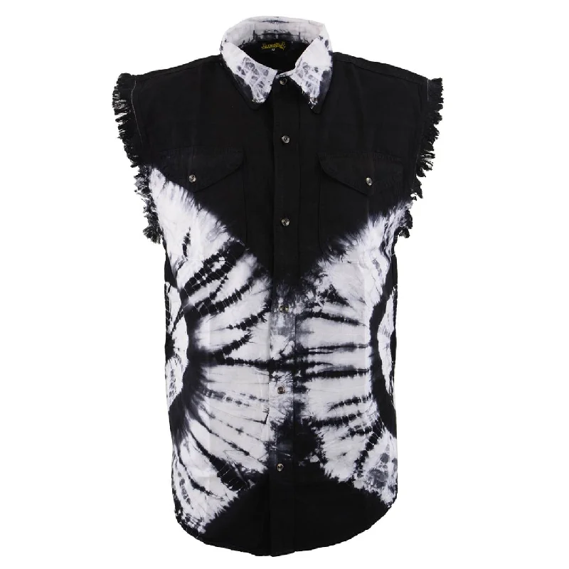 Men's pack-light shirts-Biker Clothing Co. MDM11679 Men's Classic Black and White Tie-Dye Button-Down Frayed Sleeveless Cut Off Shirt