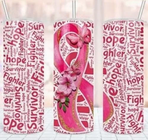 stylish short sleeve shirts with colorful designs -Breast Cancer Ribbon and Flower Encouragement 20 oz Skinny Tumbler Cup With Straw