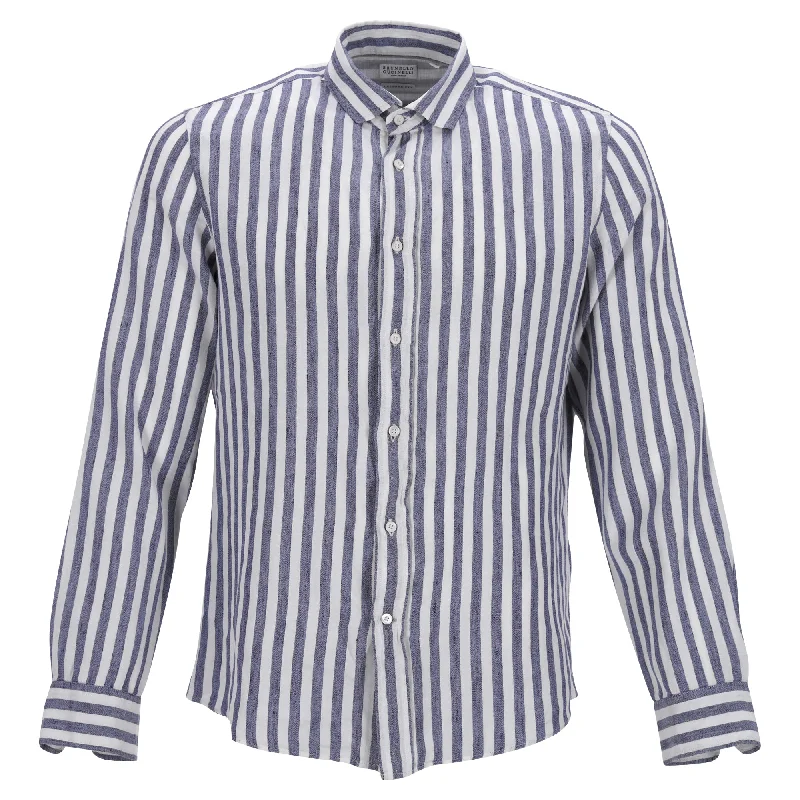 Men's gingham shirts-Brunello Cucinelli Leisure Fit Striped Shirt in Light Blue Linen