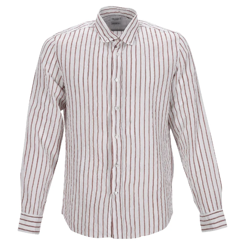 Men's character shirts-Brunello Cucinelli Leisure Fit Striped Shirt in White Linen