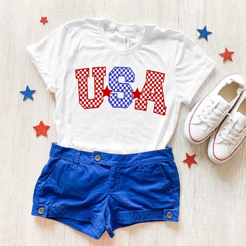 men’s classic short sleeve shirts with pocket -Checkered USA T Shirt for 4th Of July *UNISEX FIT*