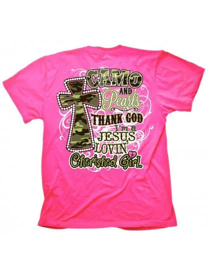 short sleeve shirts with unique designs for men -Cherished Girl Camo & Pearls Jesus Lovin Country Girl Cross Girlie Christian Bright T Shirt