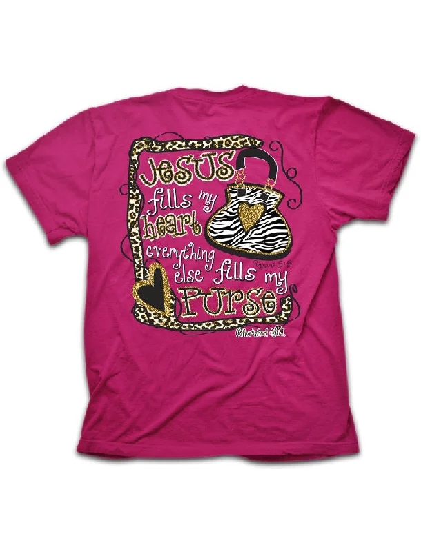 versatile short sleeve shirts for everyday use -Cherished Girl Funny Jesus Fills My Heart Zebra Purse Girlie Christian Bright T Shirt