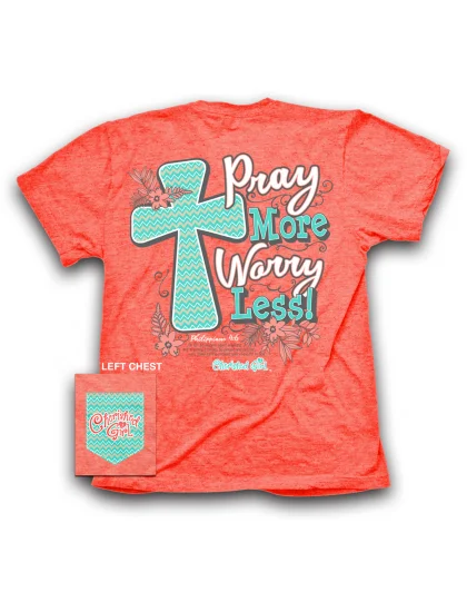 men’s printed short sleeve shirts for fashion wear -Cherished Girl Pray More Worry Less Chevron Cross Flower Christian Girlie Bright T Shirt