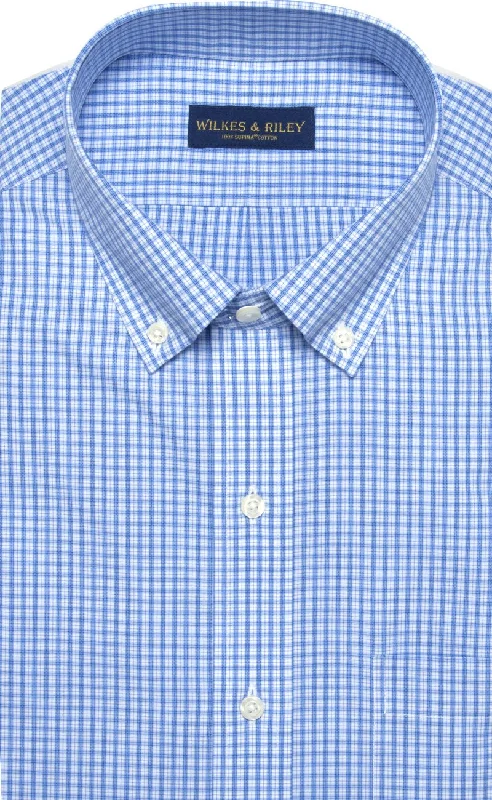 Men's cozy shirts-Classic Fit Blue Plaid Button-Down Collar Supima® Cotton Non-Iron Broadcloth Dress Shirt (B/T)