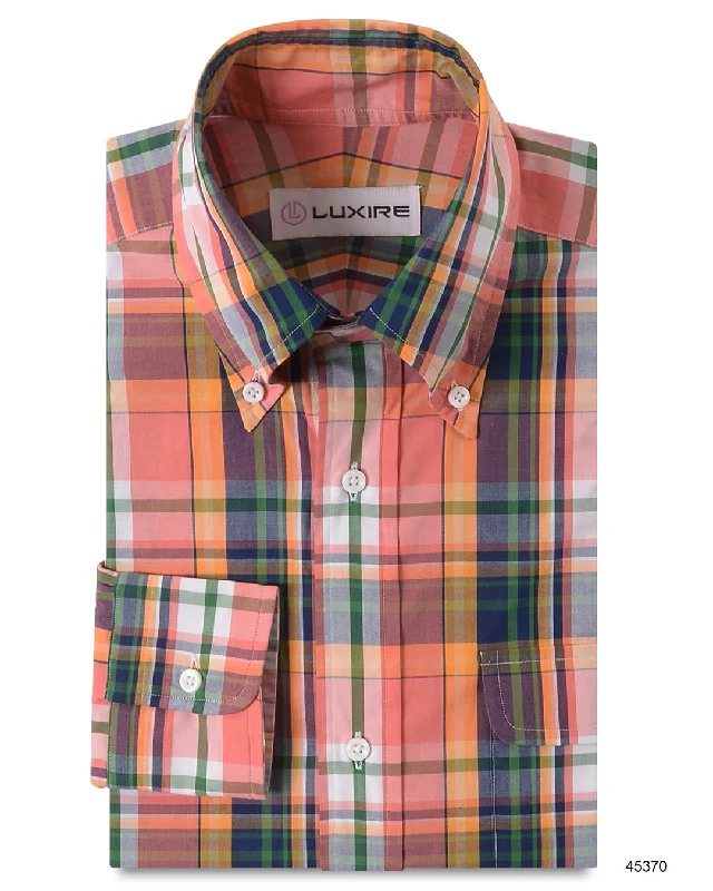 Men's warm-layer shirts-Peach Navy Green Madras Checks